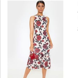 Rose print midi flare dress